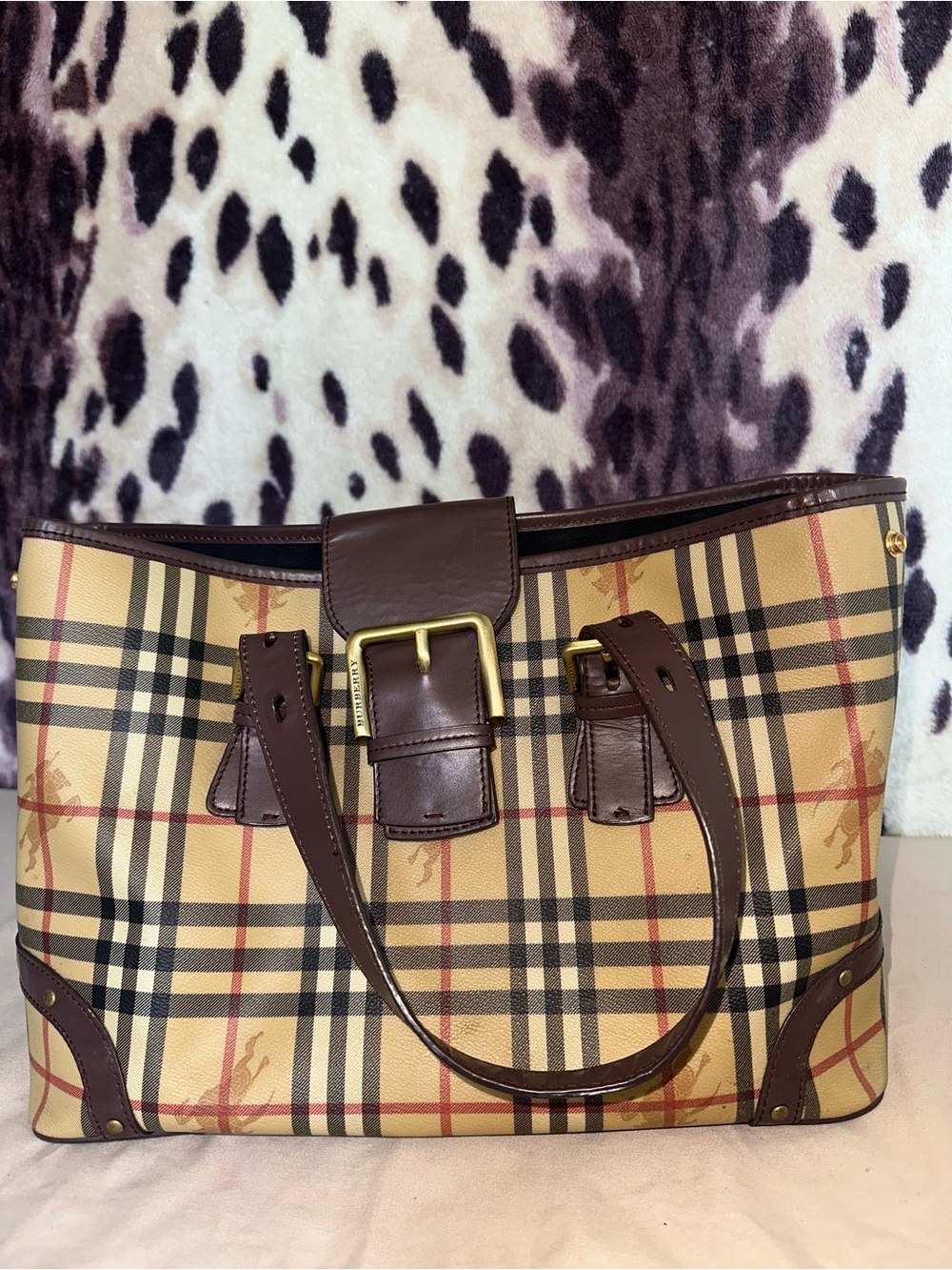 Burberry Beige Plaid Tote with Brown Leather Trim